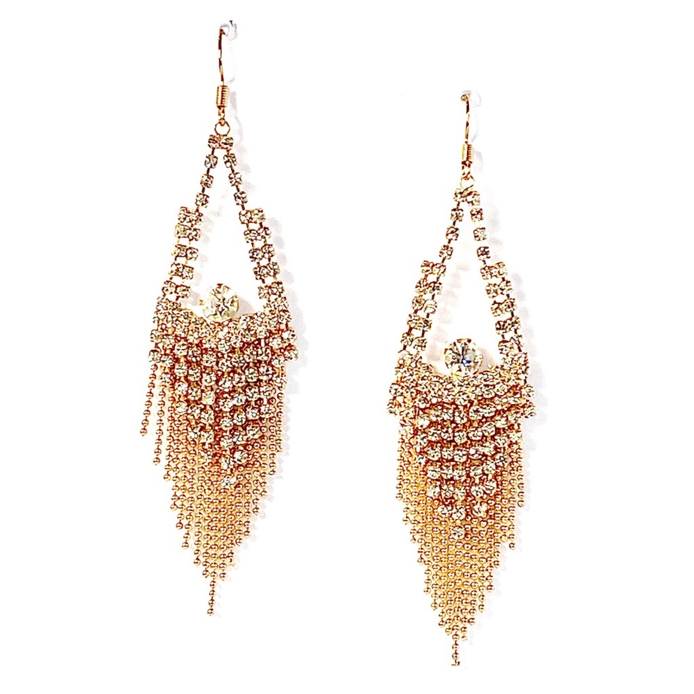 Rhinestone & Gold Fringe Drop Earrings with Slip On Hook
